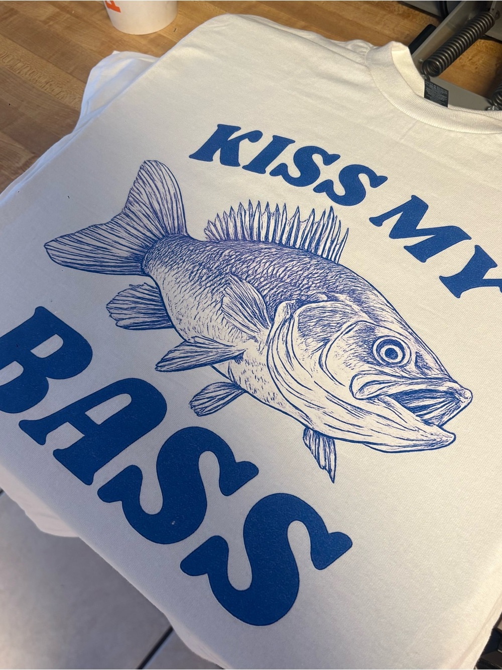 Kiss My Bass Graphic Tee - White with Blue Fish Print